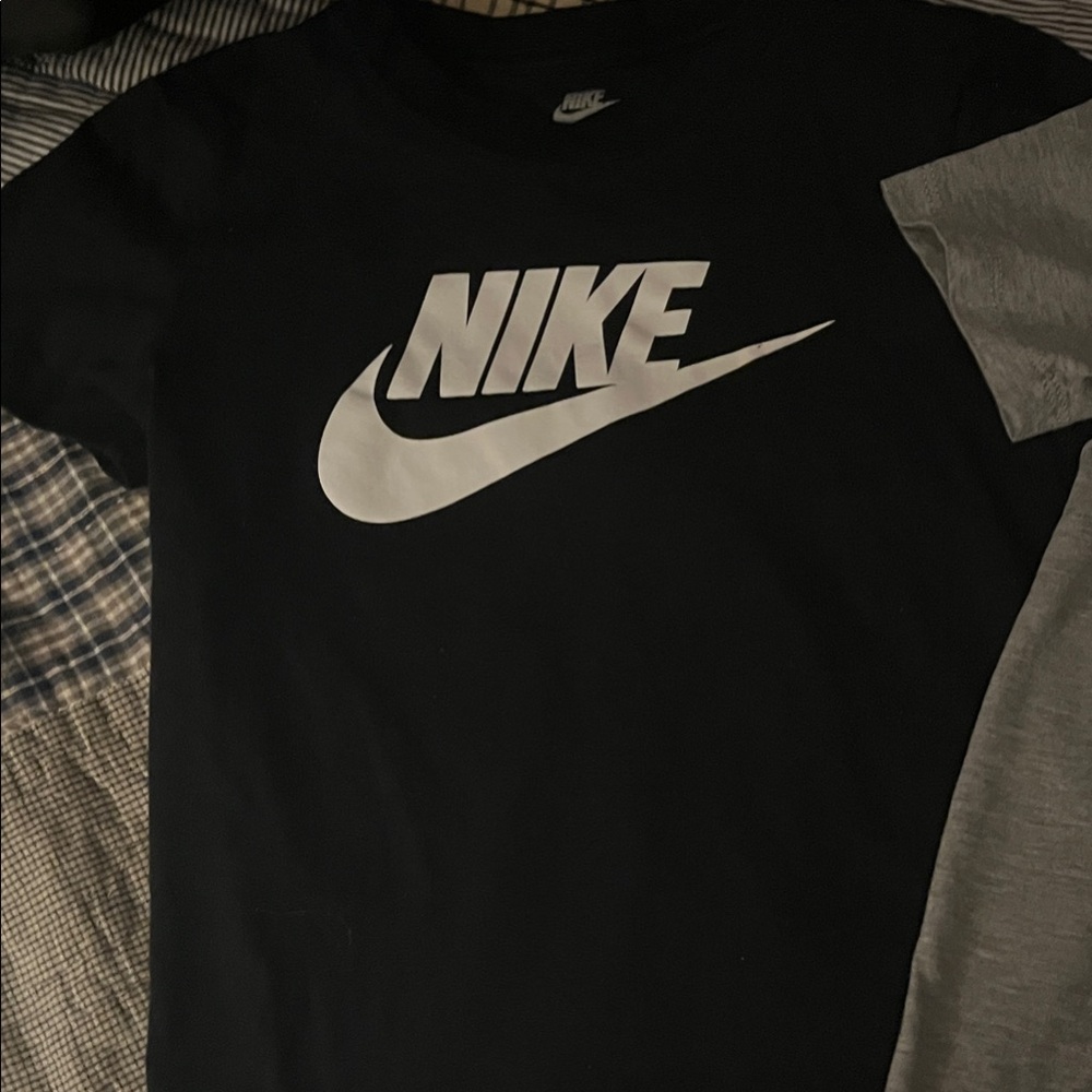 Nike Boys Black and Gray Short Sleeve Tee. Gray Nike Shorts. Black Jordan Shorts